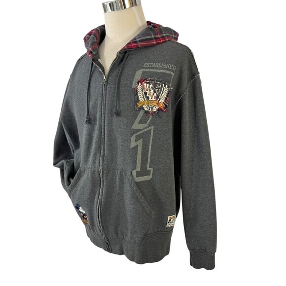 Disney World Size L Hoodie Full Zip Mickey Mouse Gray Red Plaid Preppy Fleece - Picture 4 of 10